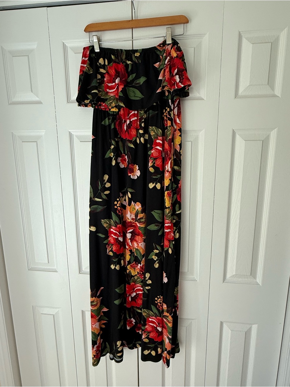 Strapless Black Maxi Dress with Red Floral Print